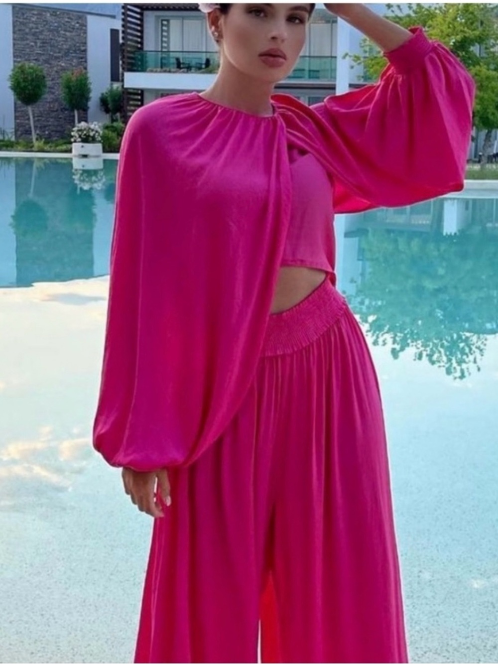 NEW Zara  Pink silk set wide pants and drape top Limited Edition